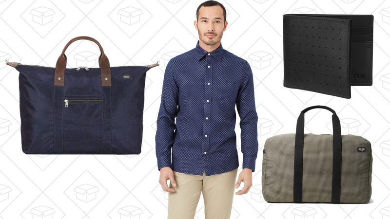 Luggage Nylon Wing Duffle, $149 | Grant Dobby Gauze Shirt, $56 | 610 Leather Slim Billfold, $33 | Packable Graph Check Duffel Bag, $63
